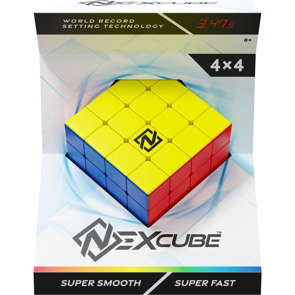 Kostka Nexcube 4x4 z żółtymi, czerwonymi i niebieskimi bokami, w pudełku.