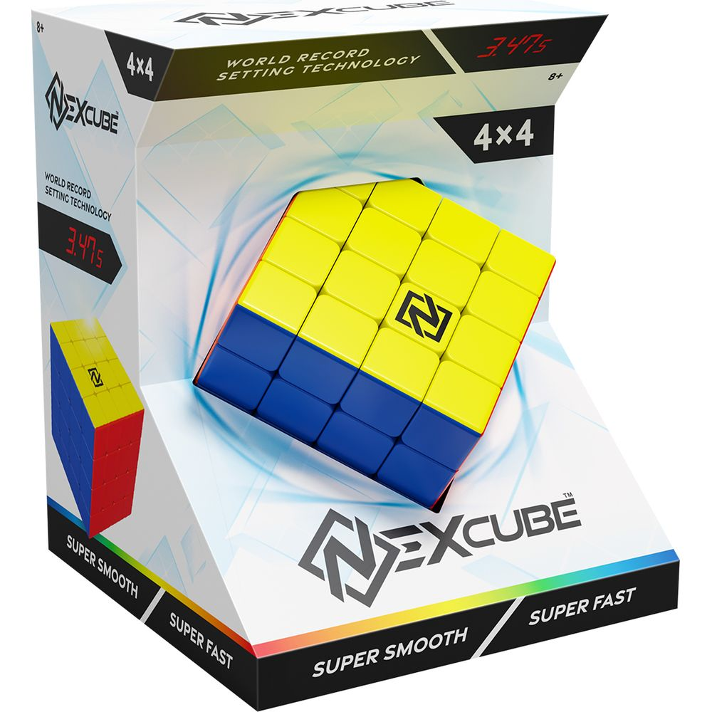 Kostka speedcube NexCube 4x4 w opakowaniu, widoczne żółte i niebieskie ścianki.