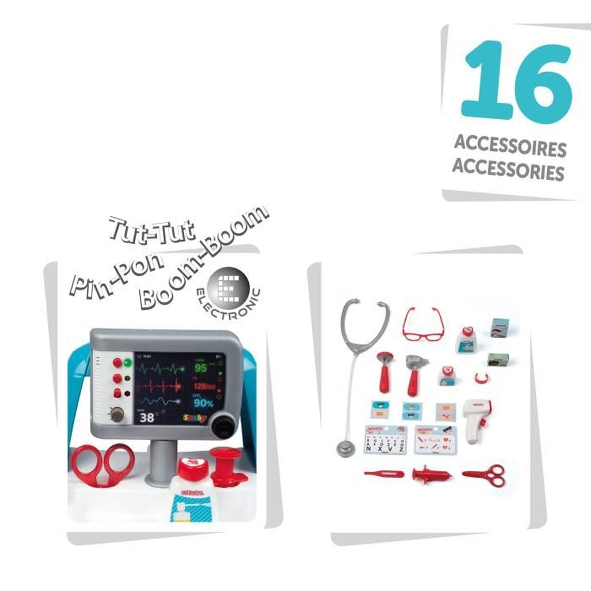 Máquina de EKG de juguete con accesorios como estetoscopio, jeringa y gafas.