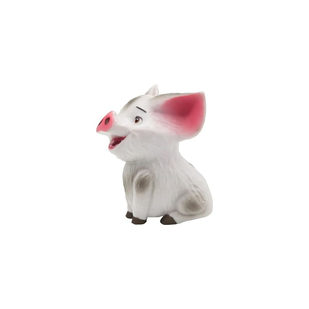 Una figurina di maiale bianca con orecchie rosa, seduta e sorridente.