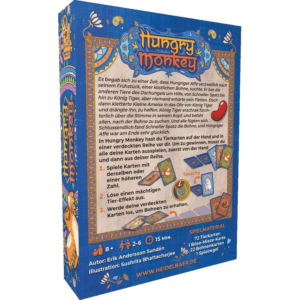 Caja del juego de mesa Hungry Monkey con mono, tigre, hormiga y cartas.