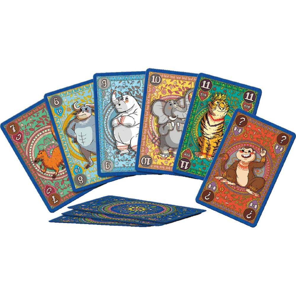 Cartas de juego con un camello, búfalo, rinoceronte, elefante, tigre y mono.