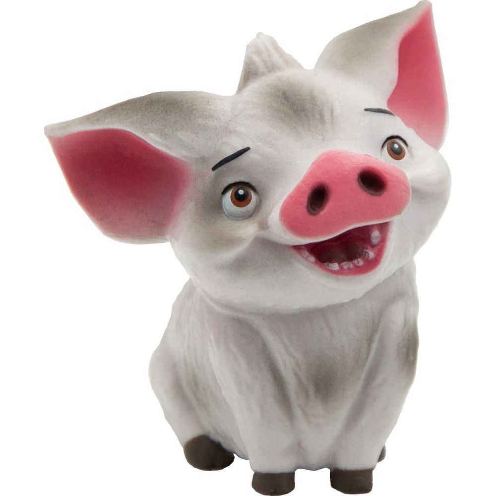 Un maialino bianco con orecchie e naso rosa sorride ampiamente.
