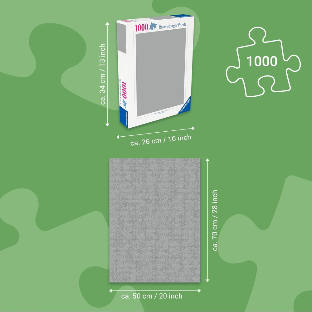 Puzzle Ravensburger 1000 pezzi: scatola e puzzle finito con misure.