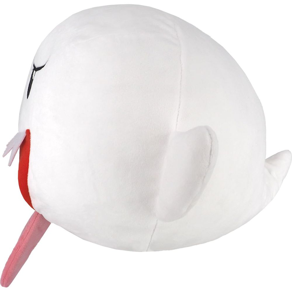 Un fantasma de peluche blanco con una abertura roja y una lengua rosa.