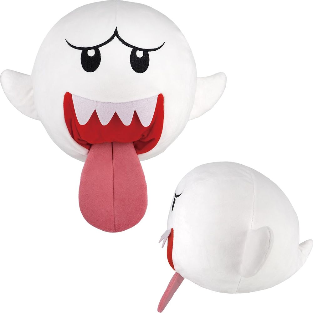 Dos fantasmas de peluche blancos con bocas rojas y lenguas rosas sobre fondo blanco.