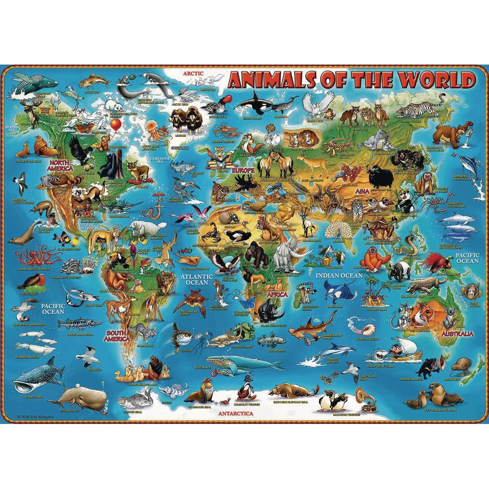 Mappa del mondo con animali: orsi polari, balene, leoni, elefanti, scimmie e altro.