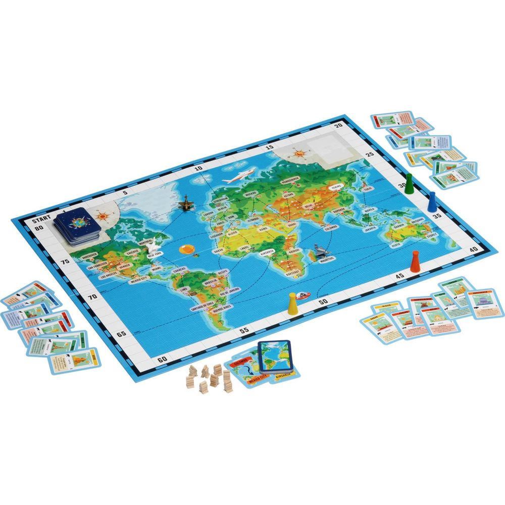 Weltkarte Brettspiel mit Spielfiguren, Karten und Zählern.