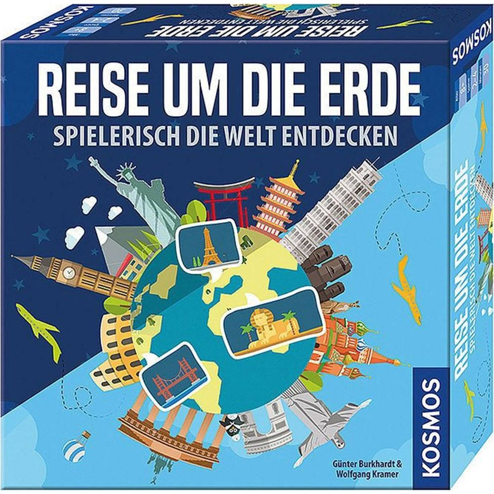 Spielverpackung zeigt Erde mit Wahrzeichen und Flugzeuge.