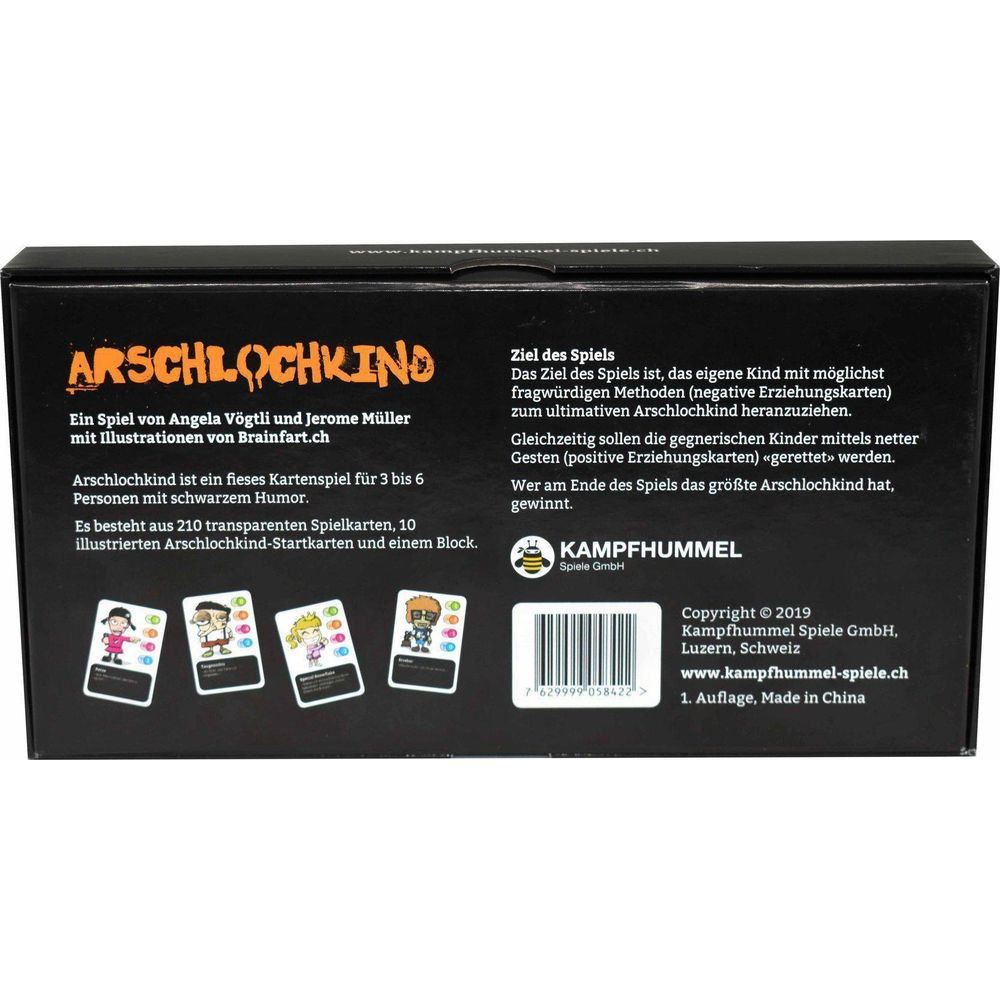 Scatola del gioco con stampa 'Arschlochkind'. Contiene carte e blocco.
