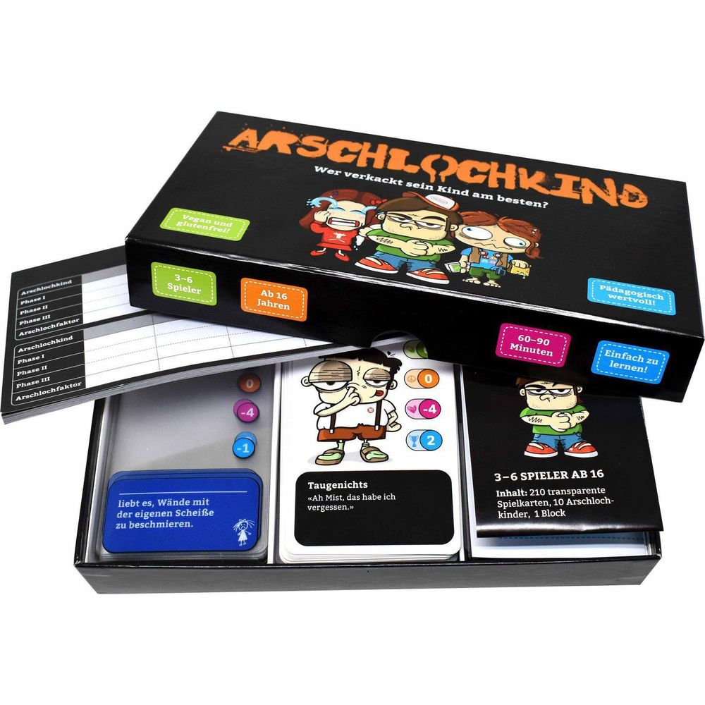Il gioco "Arschlochkind" include carte da gioco, istruzioni e un blocco.