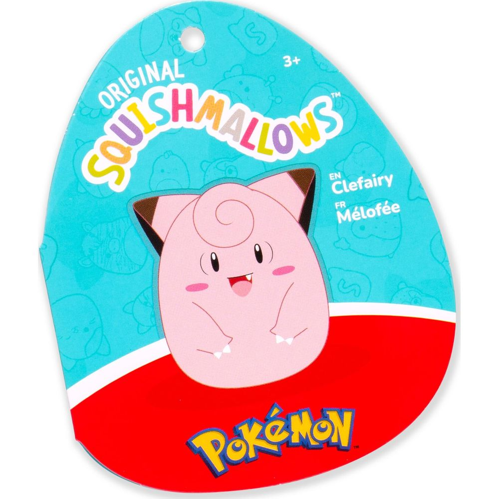 Różowy Squishmallow Clefairy Pokémon z nadrukowanym logo.