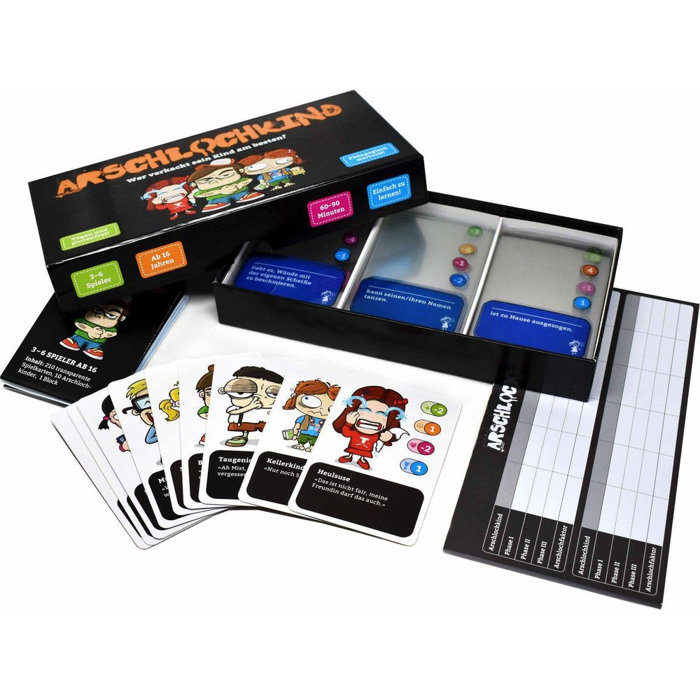 Il gioco "Arschlochkind" è disfatto con carte, tabellone e istruzioni.