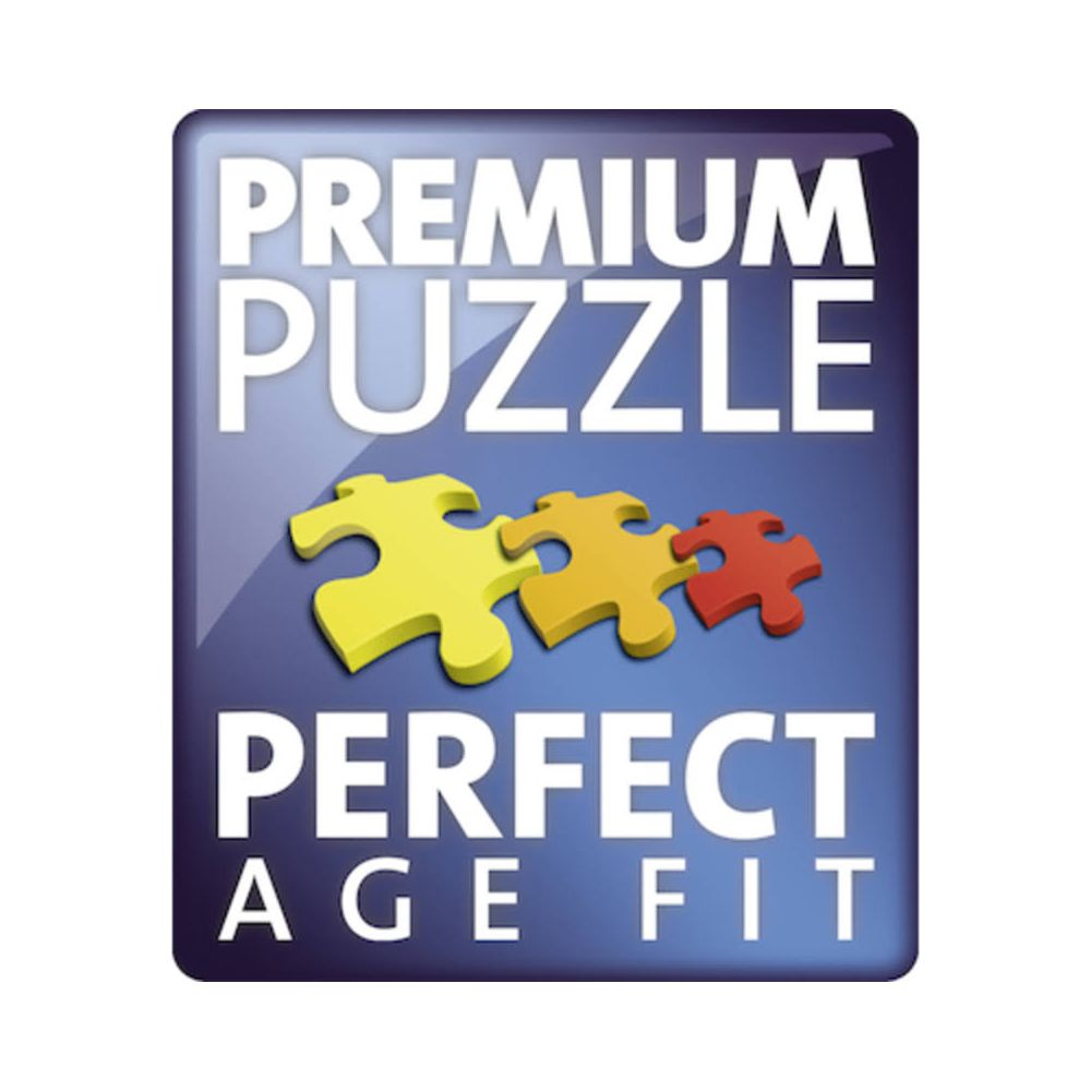 Premium Puzzle, Idealne Dopasowanie do Wieku. Trzy elementy układanki żółte, pomarańczowe i czerwone.