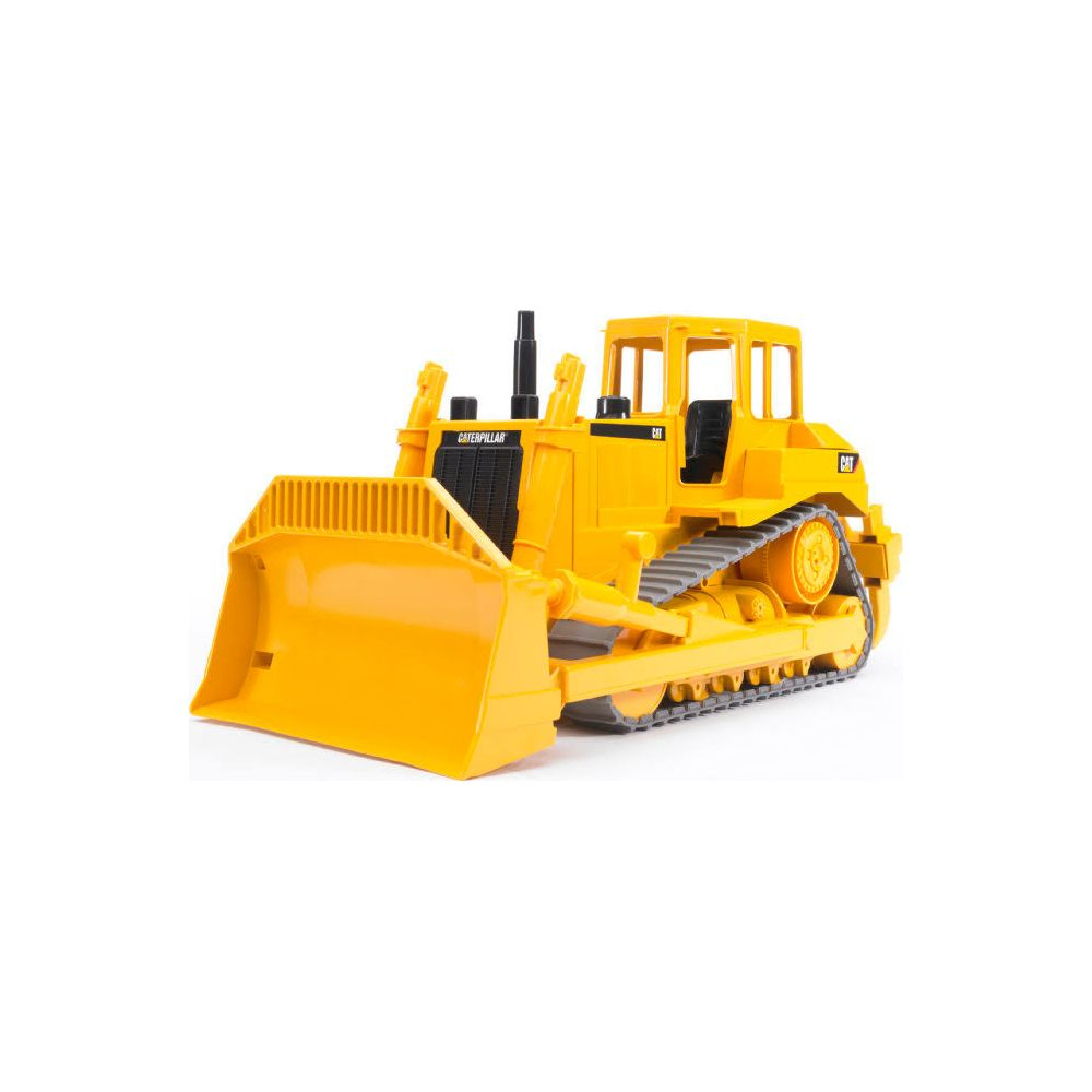 Żółty buldożer zabawkowa z czarnymi gąsienicami i lemieszem.