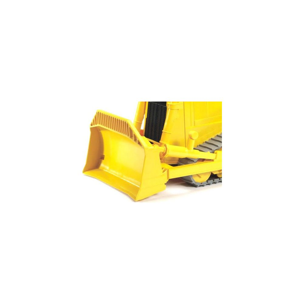 Żółty buldożer zabawkowa z lemieszem i gąsienicami.