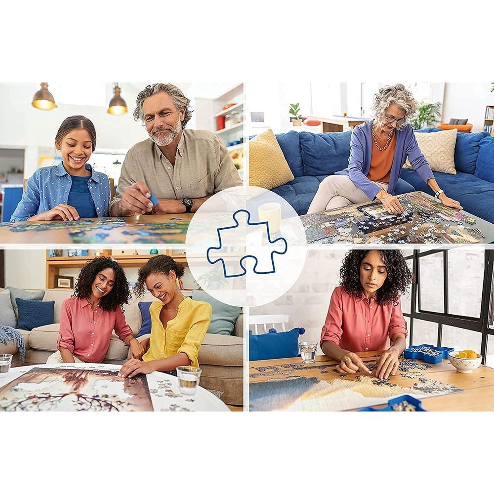 Quattro scene di persone che assemblano puzzle, con una grafica a puzzle al centro.