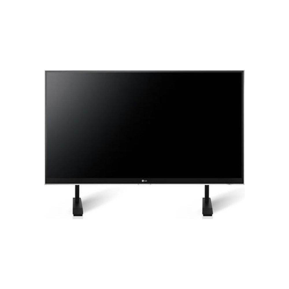 Un téléviseur noir avec deux pieds noirs sur fond blanc.