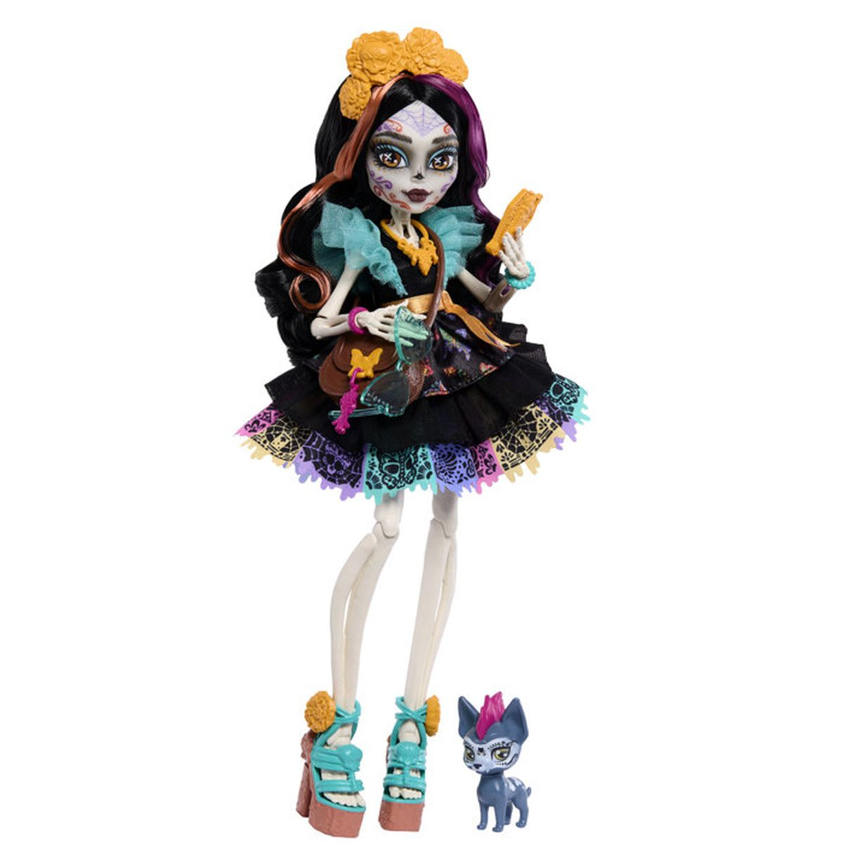 Eine Puppe im Day of the Dead-Stil mit Skelettbeinen und einem kleinen Hund.