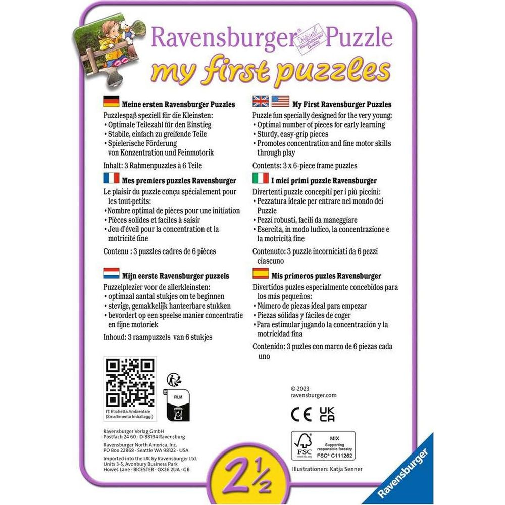 Puzzle Ravensburger: "my first puzzles" z informacjami o produkcie w wielu językach.