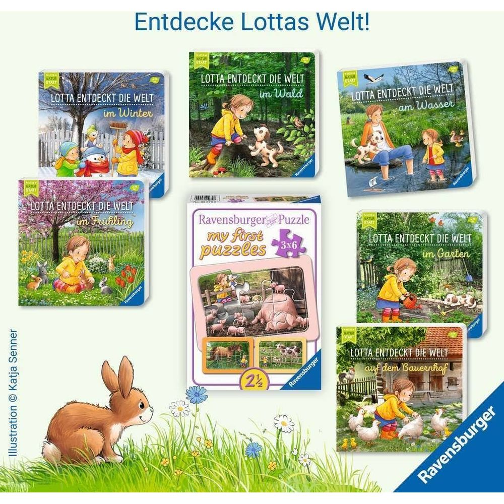 Książeczki i puzzle Ravensburger z Lottą w różnych porach roku.