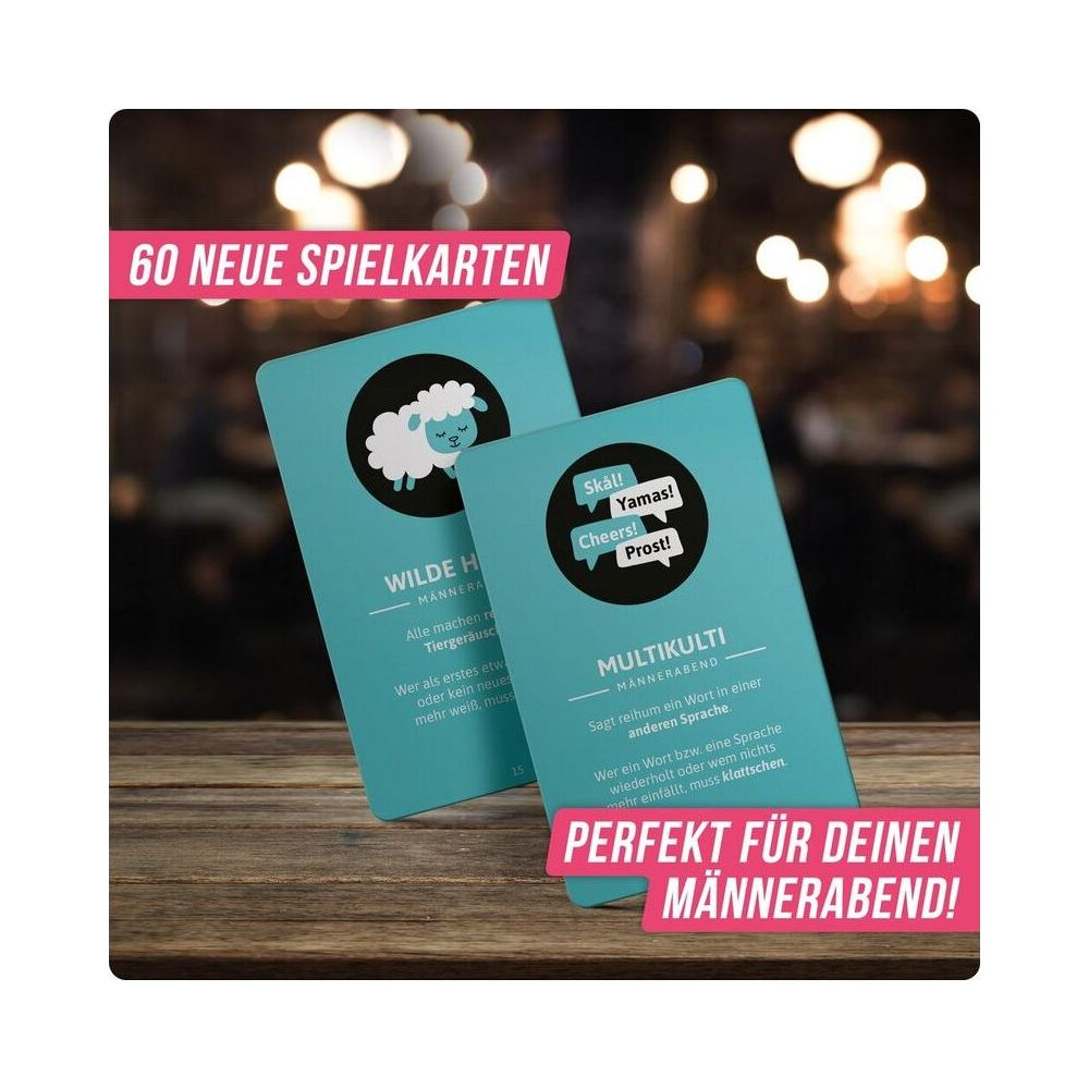 Zwei Spielkarten für einen Männerabend, mit Schaf- und Trinksymbolen.