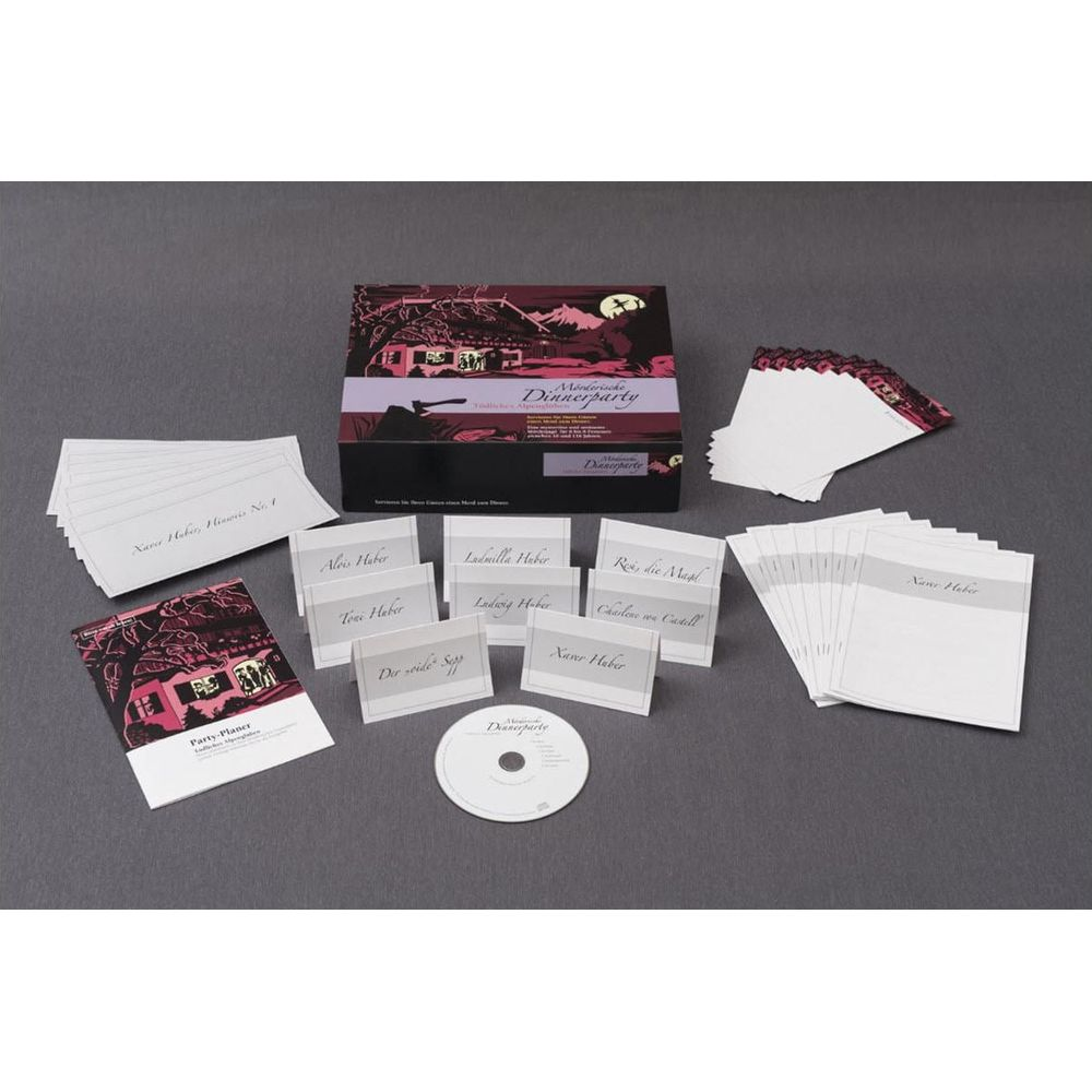Ein Krimi Dinnerparty Spiel mit Karten, einem Partyplaner, einer CD und einer Box.