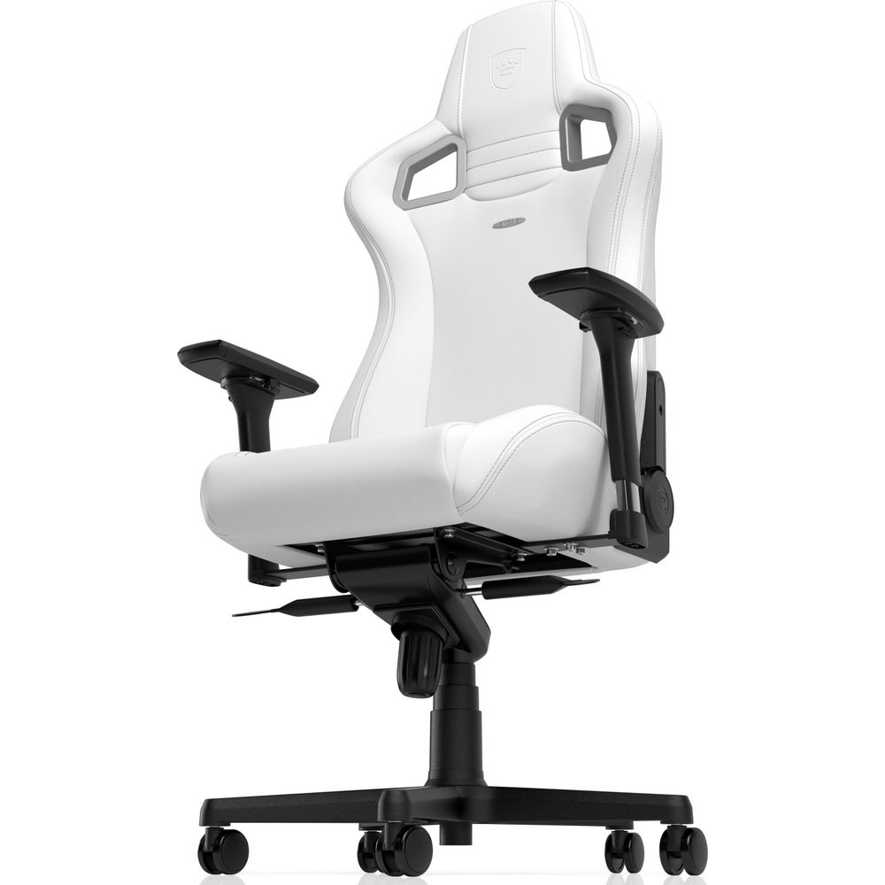 Ein weißer Gaming-Stuhl mit schwarzen Akzenten und Rädern.
