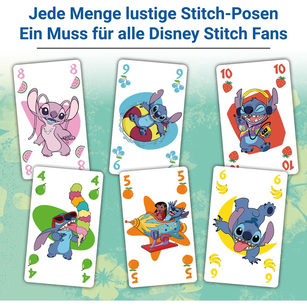 Six cartes à jouer Stitch avec différentes poses et fruits.