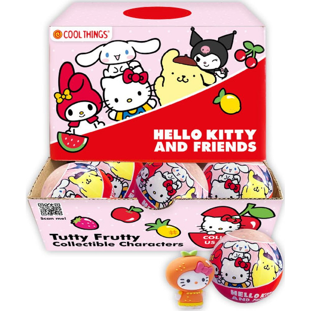 Hello Kitty und Freunde Sammelbox mit 5 Figuren und 1 aufgestellter Figur.