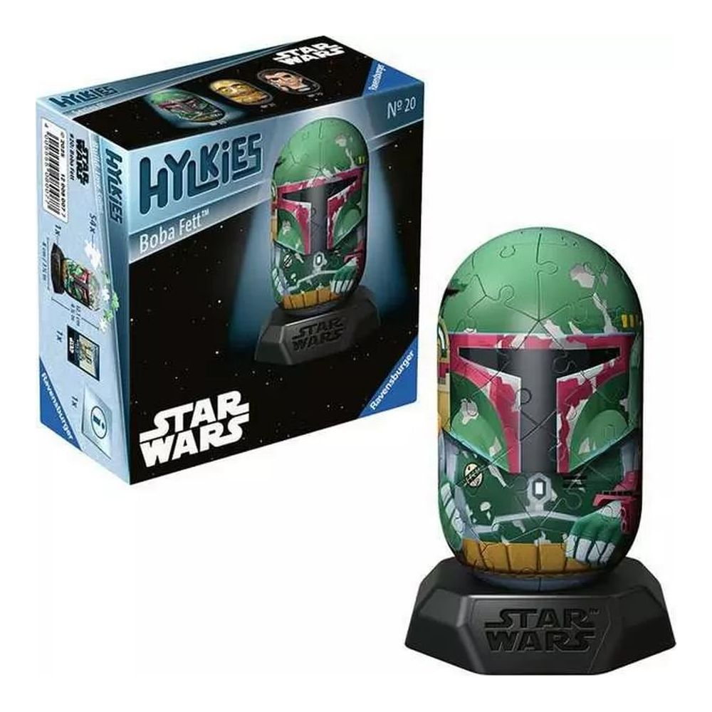 Puzzle 3D di Star Wars Boba Fett a elmo su base nera, con scatola.