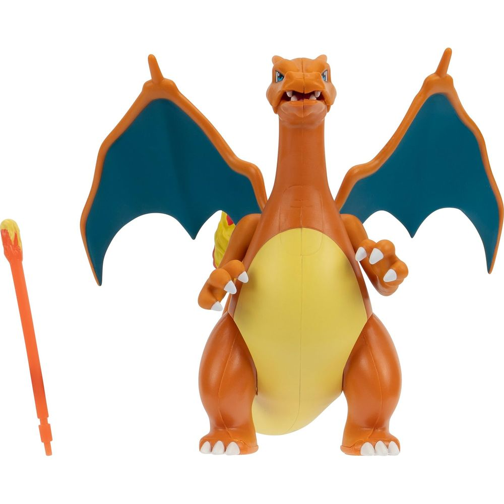Orange Charizard-Figur mit blauen Flügeln und einem orangen Stab.