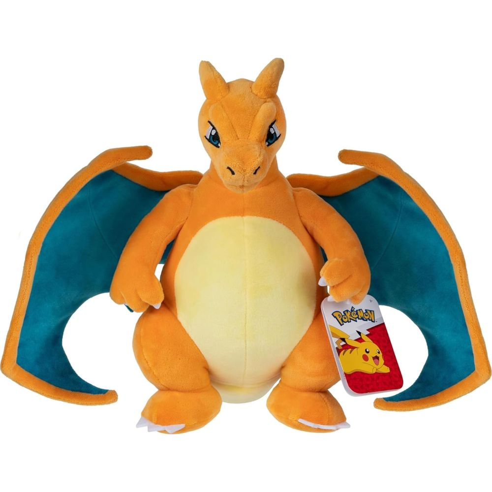 Peluche drago arancione con ali blu e pancia gialla, seduto.