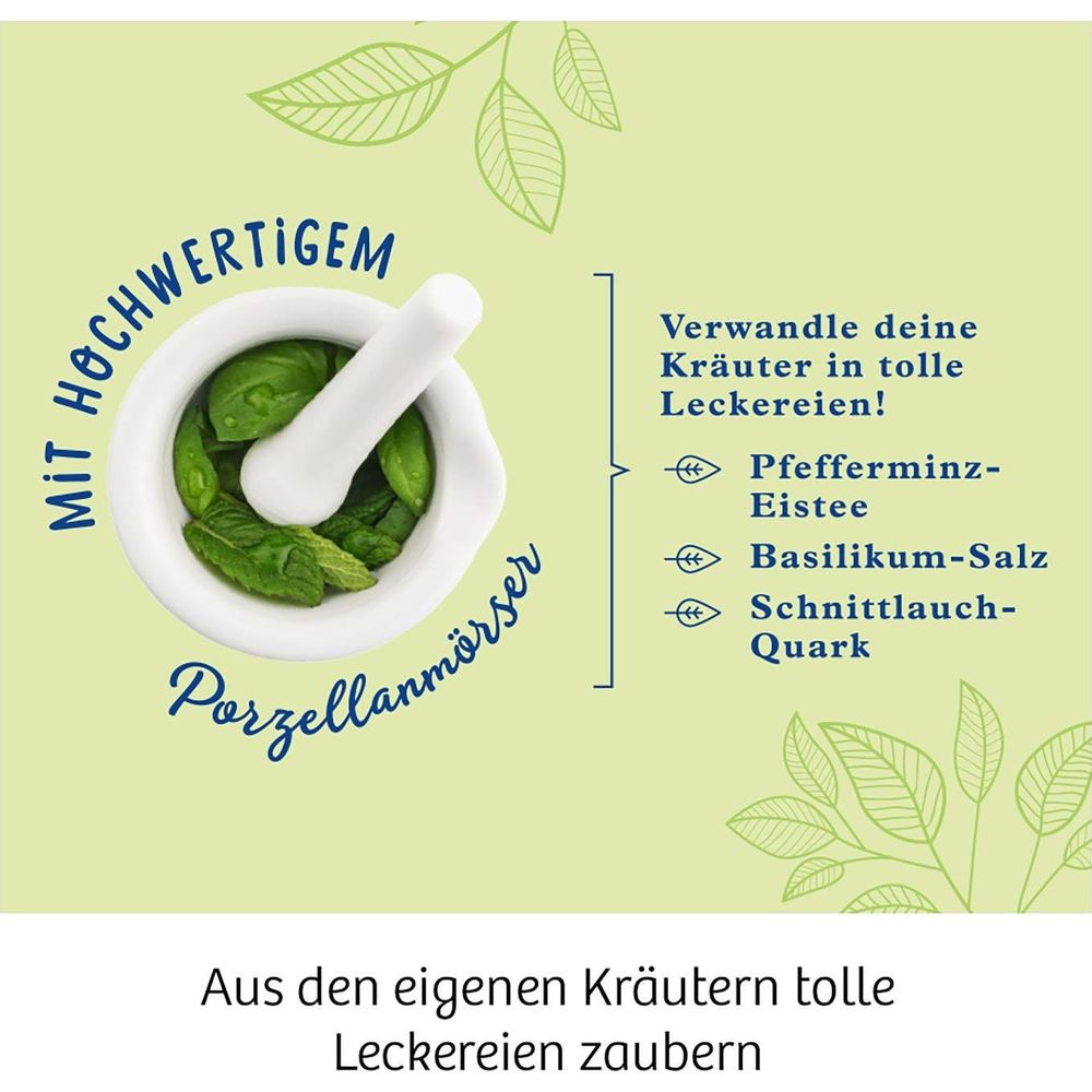 Hochwertiger Porzellanmörser mit Kräutern für Pfefferminztee, Basilikumsalz und Quark.