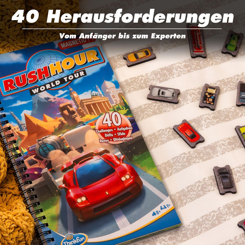 Plansza gry Rush Hour World Tour z samochodami i wyzwaniami. Od początkującego do eksperta.