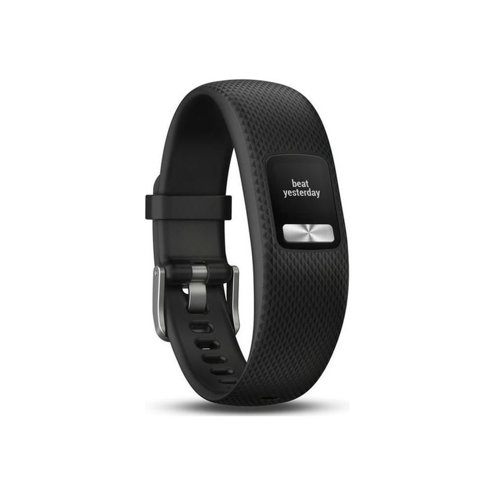 Fitness tracker nero con bottone argentato e testo "beat yesterday".