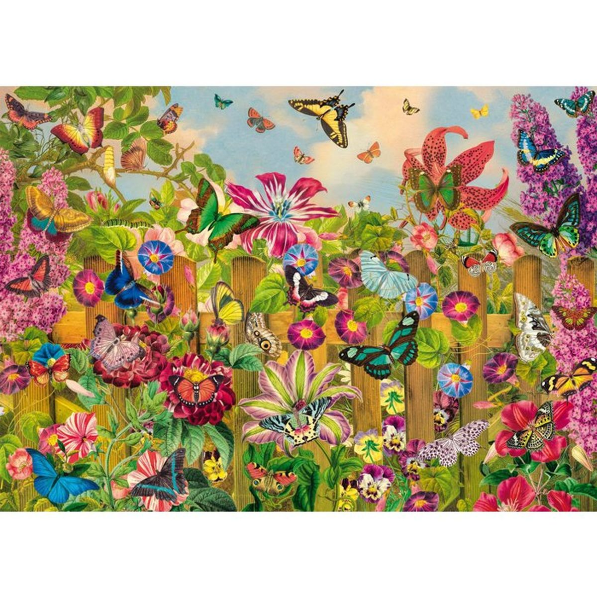 Viele bunte Schmetterlinge auf Blumen und einem Holzzaun vor blauem Himmel.