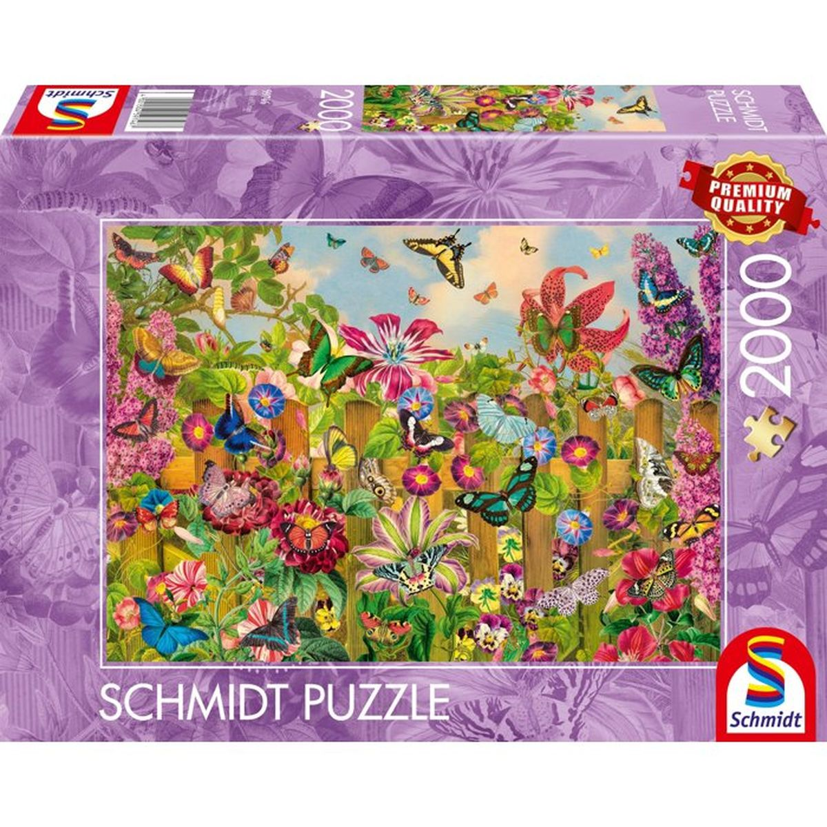 Puzzle-Schachtel mit vielen bunten Schmetterlingen und Blumen vor einem Holzzaun.