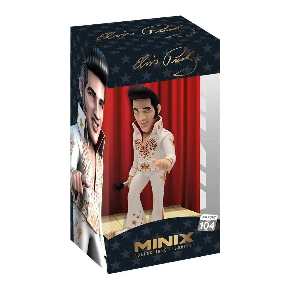 Figura coleccionable de Elvis Presley con traje blanco y estrellas, en su caja.