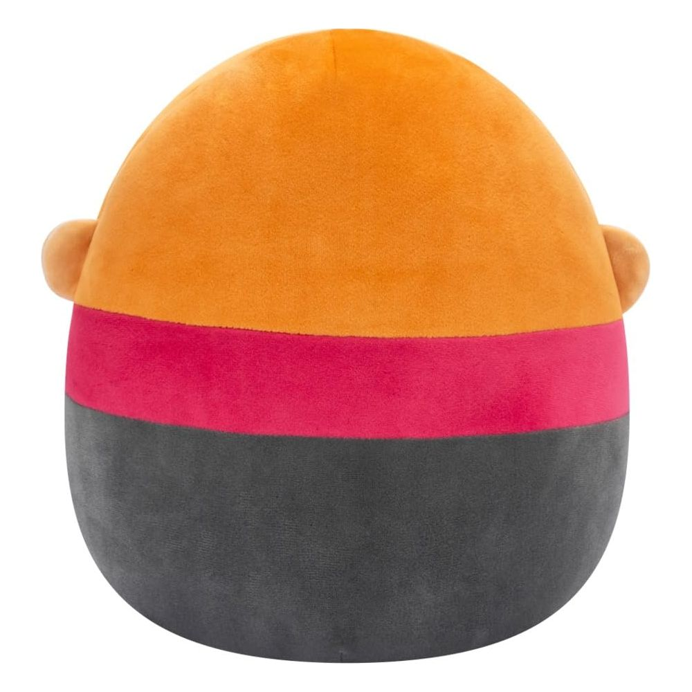 Un peluche rotondo arancione con una striscia rosa e grigia.