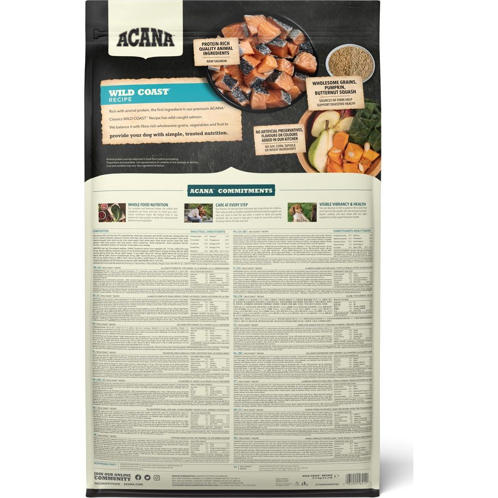 Torba karmy dla psów Acana Wild Coast z łososiem, zbożami, dynią i owocami.