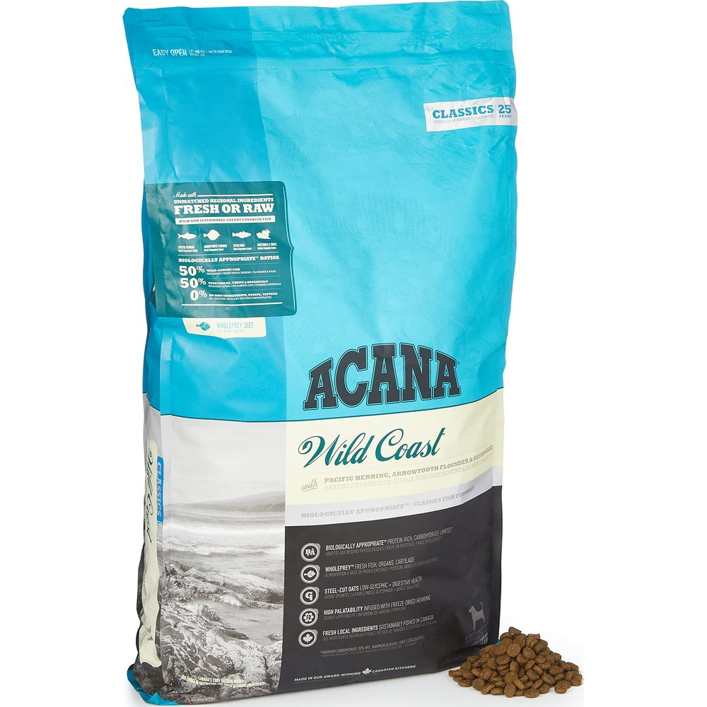 Duża niebieska torba karmy dla psów ACANA Wild Coast z motywami rybnymi.