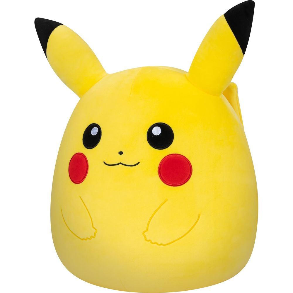 Ein gelbes Pikachu-Plüschtier mit schwarzen Ohrenspitzen und roten Wangen.