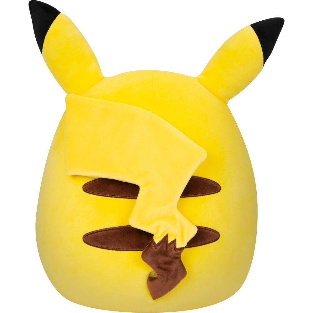 Ein gelbes Pikachu-Plüschtier mit braunen Streifen und einem Blitzschwanz.