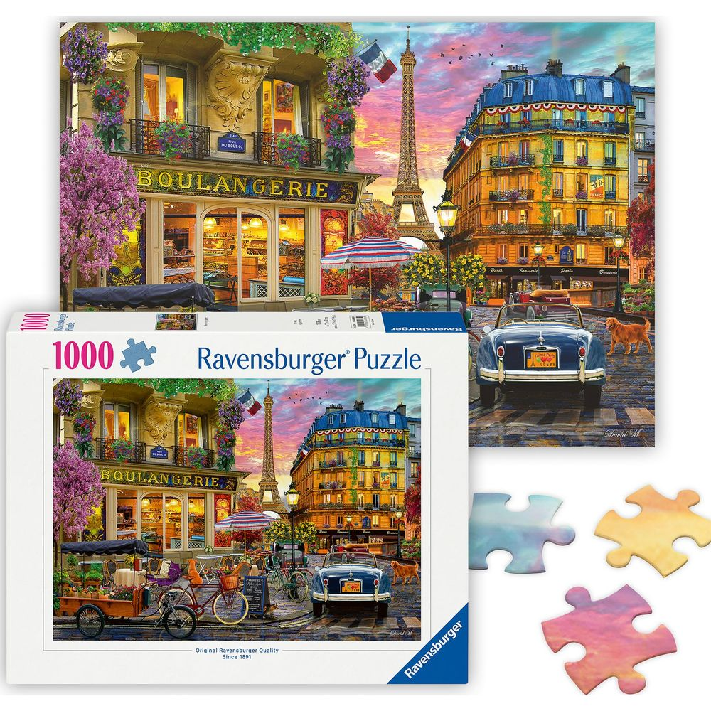 Paryska scena uliczna z Wieżą Eiffla, piekarnią, samochodami i psem.