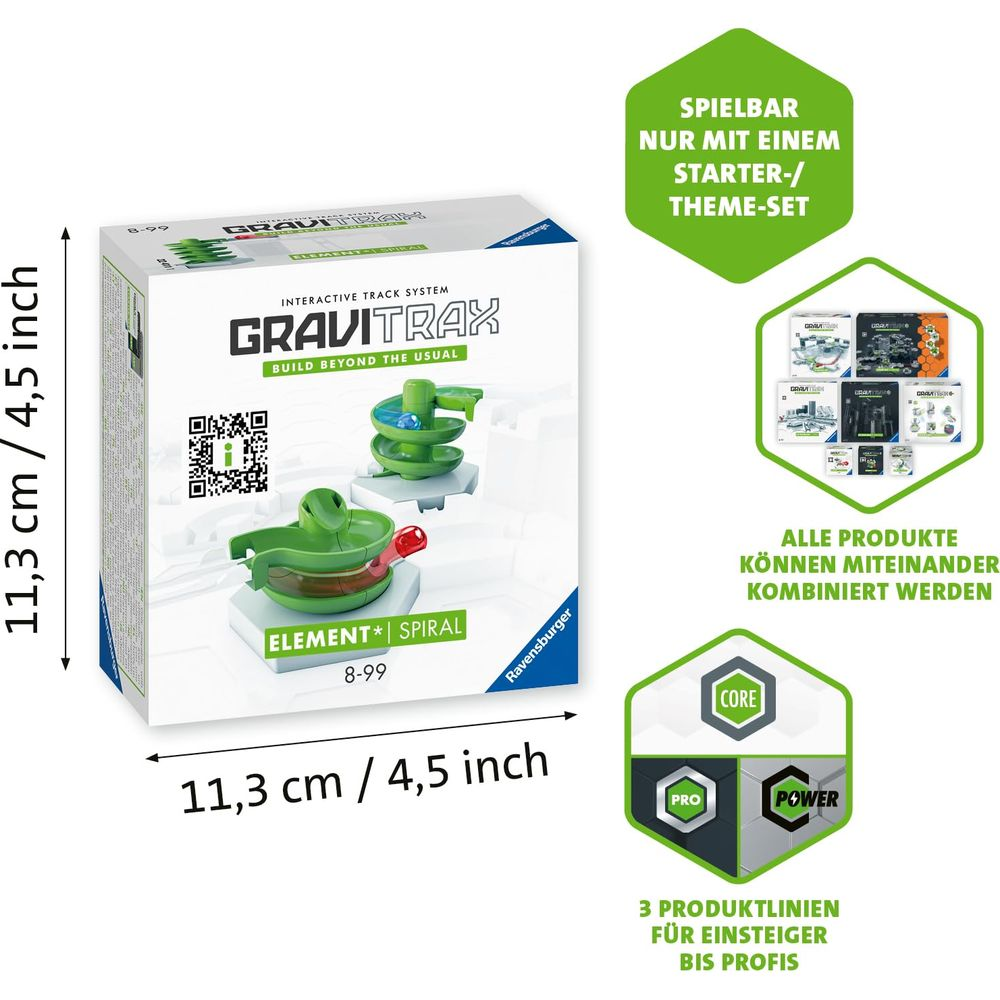 Gravitrax Spiraal Element doos met productafbeeldingen en afmetingen.