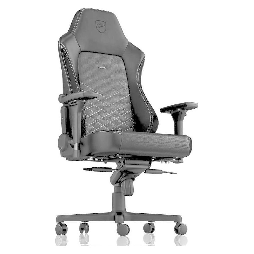 Una sedia da gaming nera con cuciture bianche, braccioli e ruote.
