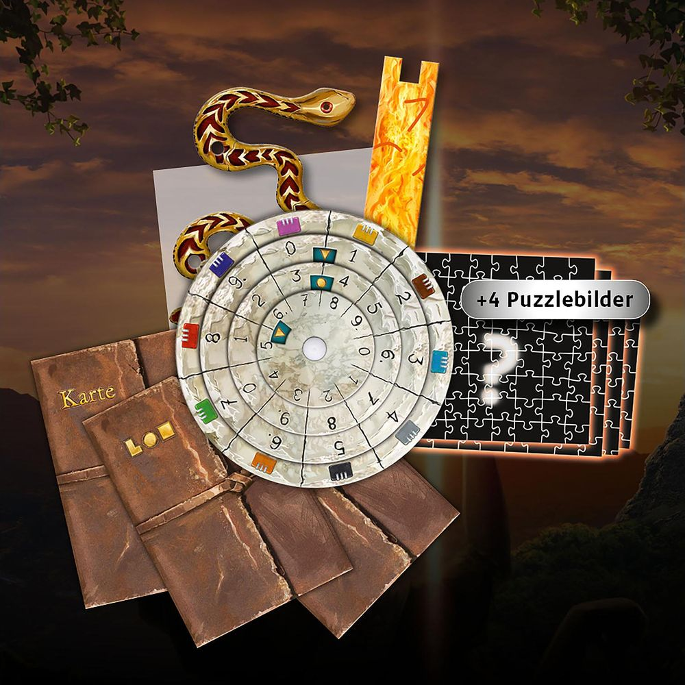 Eine Spielkomponente mit Schlangenkopf, Rad und Karten vor einem Sonnenuntergangshintergrund.