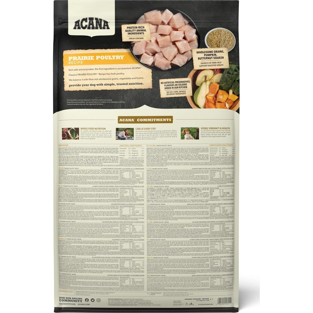 Torba karmy dla psów Acana Prairie Poultry ze składnikami: świeży kurczak, zboża, dynia, dynia piżmowa.