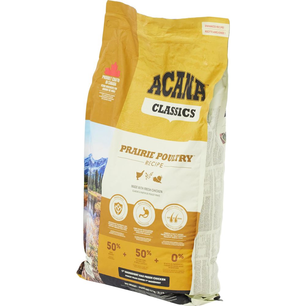 Duża żółta torba z karmą dla psów z marką "ACANA CLASSICS PRAIRIE POULTRY".